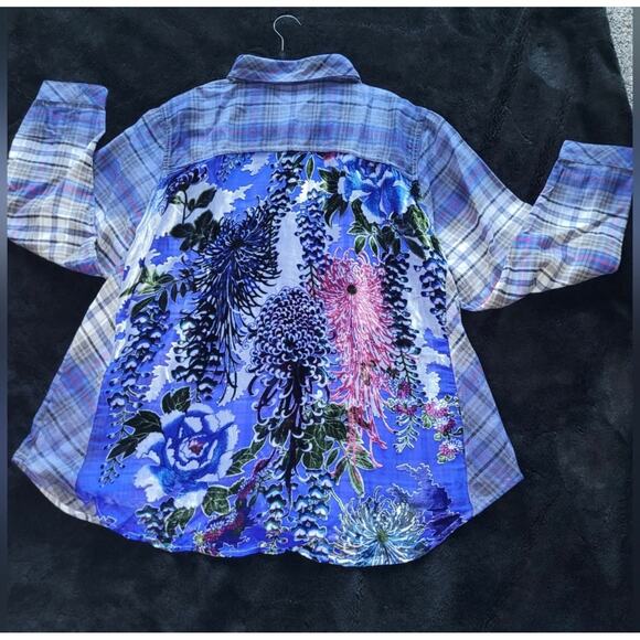 Aratta Silent Journey Tops - ARATTA Silent Journey Mixed Media Flannel Front Crushed Velvet Button-Up Sz. 3X